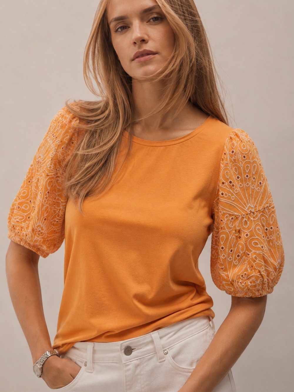 LOFT Peach Orange Embroidered Eyelet Puff Sleeve Top NWT Size M